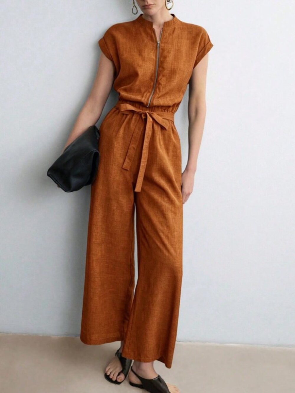 Rust Orange / Tan Zip Front Wide Leg Jumpsuit with Tie Waist